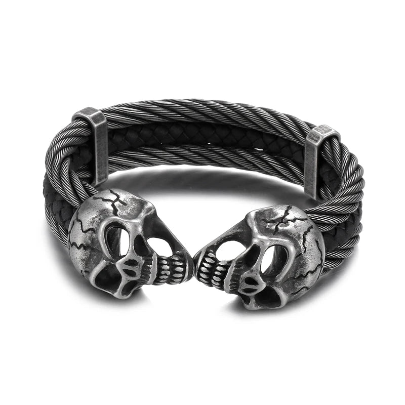REBEL Punk Silver/Gold/Black/Grey Stainless Steel&Double Skin Skull Cuff Bangle Bracelet