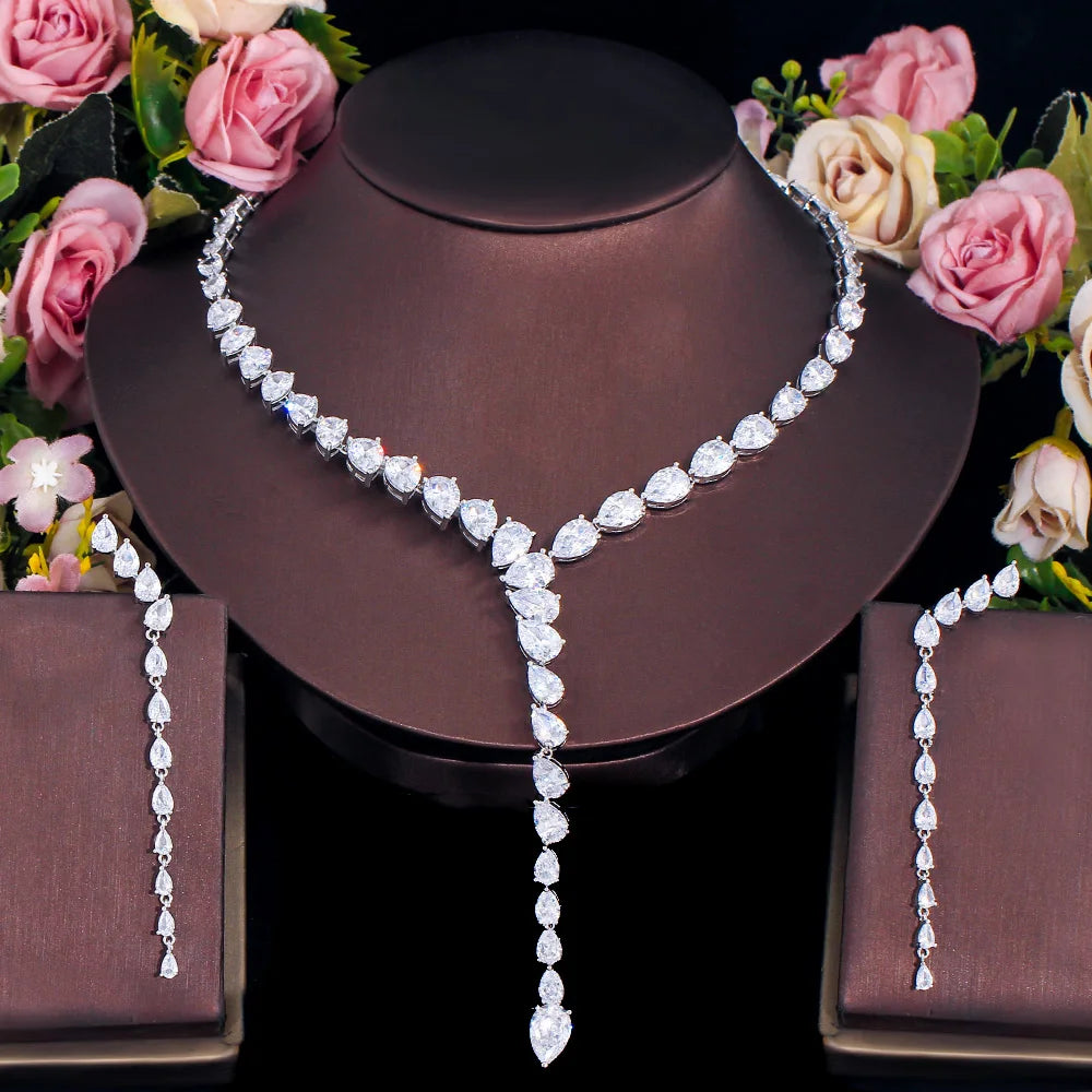 Luxury Green White Colour Zircon Water Drop Pendant Long Earrings Y Shape Necklace Women Party Tennis Necklace Chain Jewelry Set