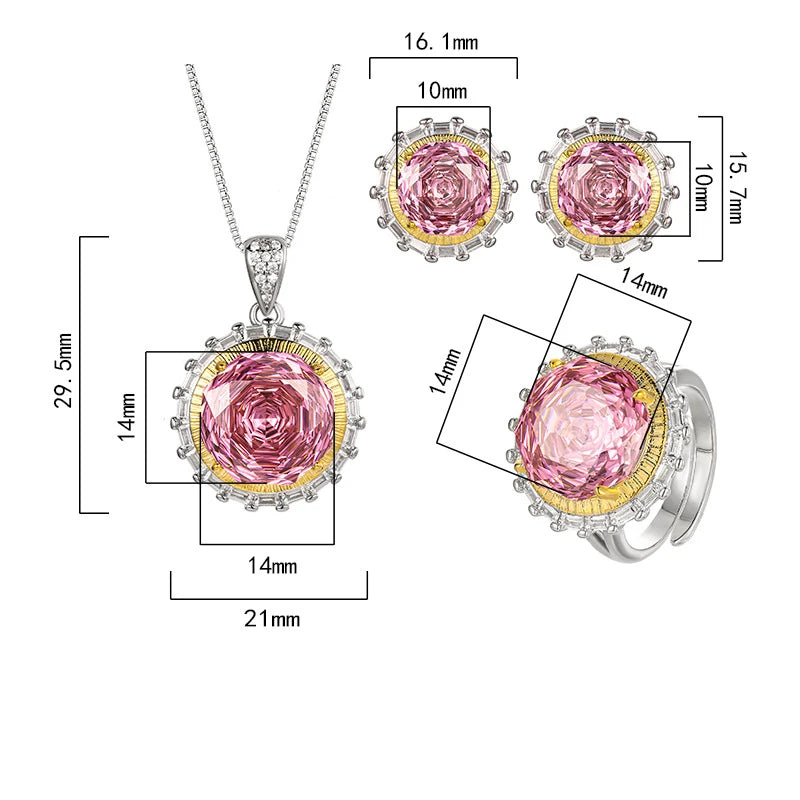 Gemfiori Bridal Banquet Casual Zircon Necklace Ring Women's Niche Rose Flower Zircon Earring Set