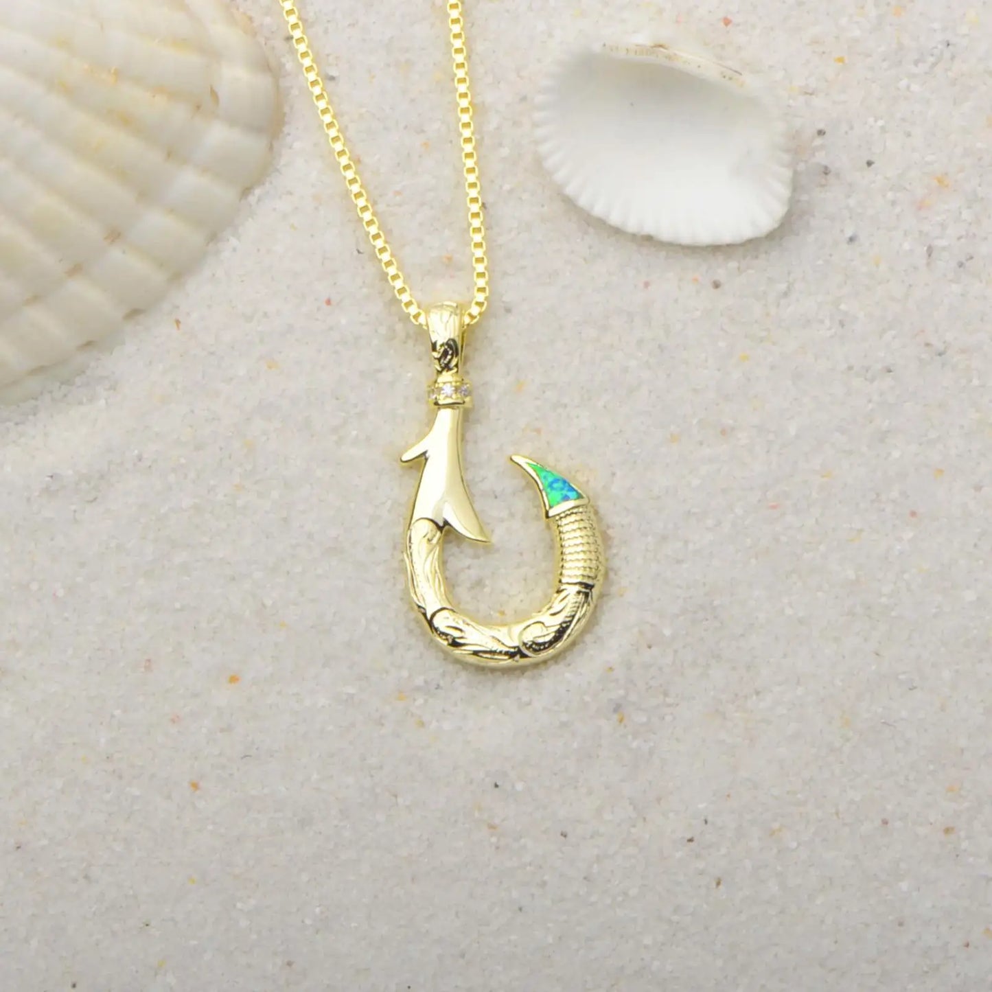 Hawaiian Ocean Opal Copper Necklace for Women-Trendy Dainty Blue Fishhook Pendant Sweater Chain