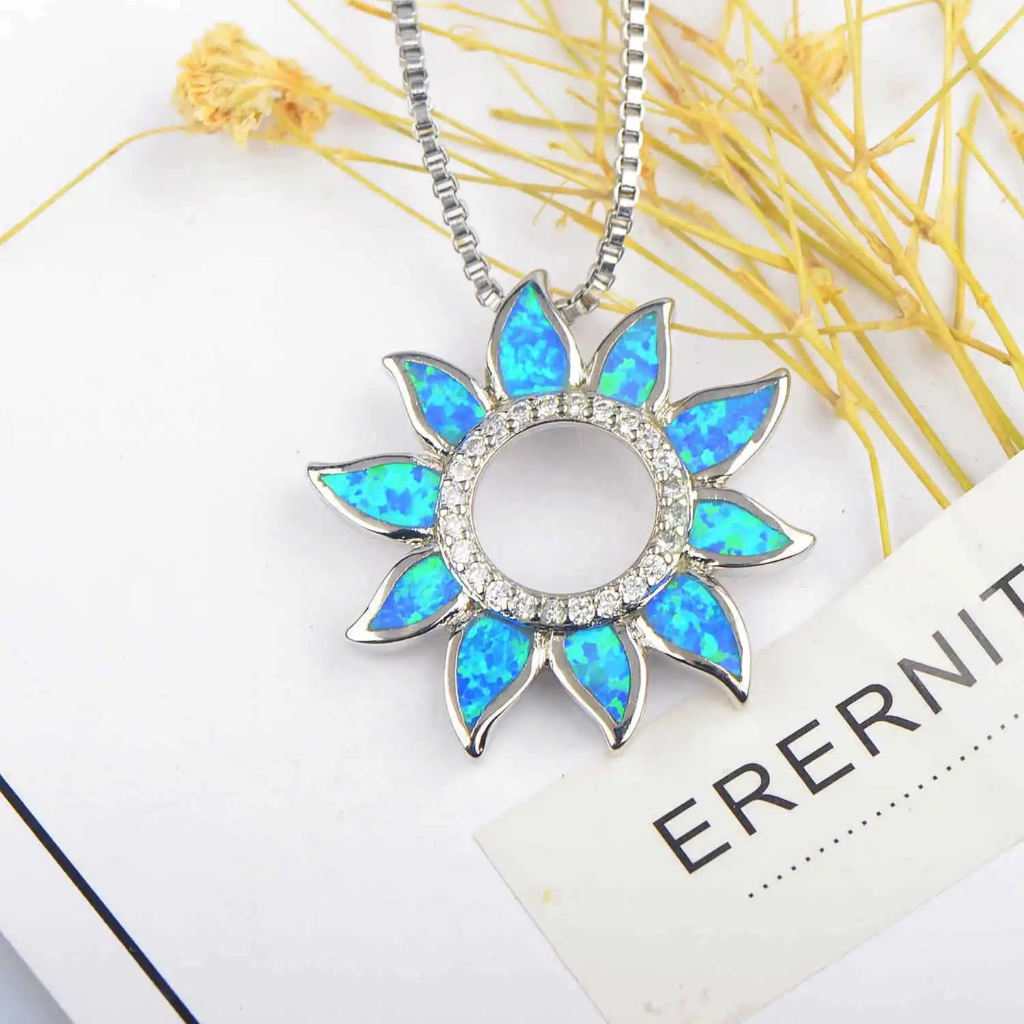Aobao Fashion Colored Gem Opal Necklace New Sunflower Pendant Opal Studded Link Copper Silver Plated Wholesale Bestseller