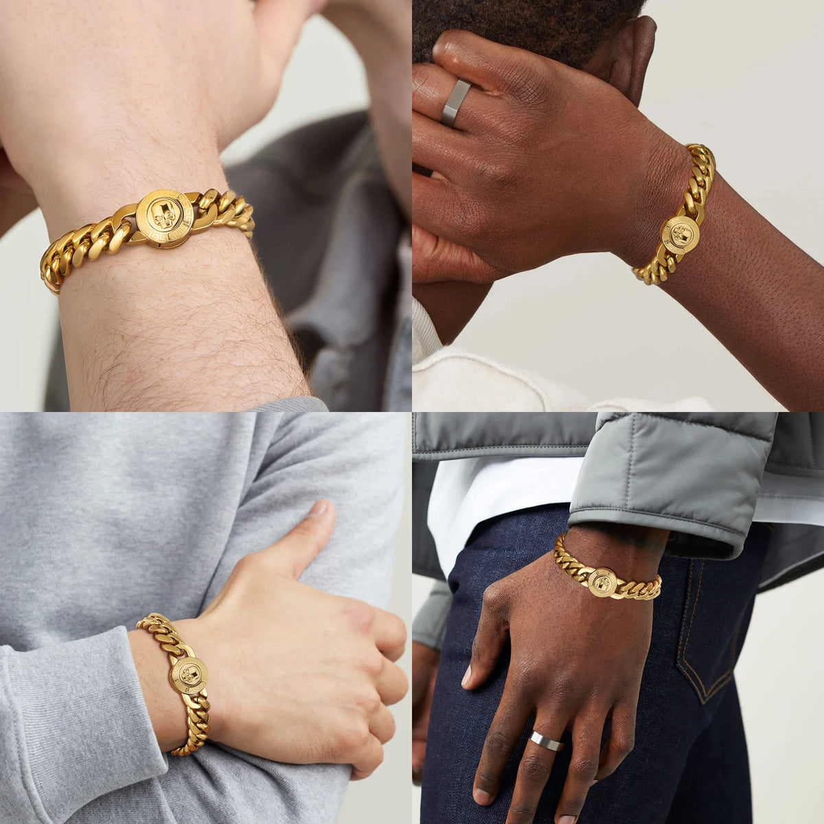 S&S Easter Faith Gifts Cross Lion Compass Anti-tarnish Jewelry 18K Gold Plated Stainless Steel Mens Miami Cuban Link Chain Bracelet
