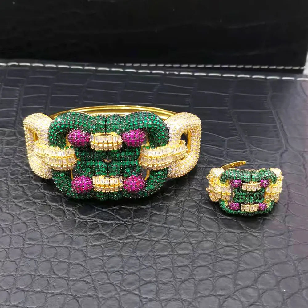 H262A Luxury 3 Rows 2PCS Zircon Bracelet Ring Earring Set Women Wedding Zircon African/Indian/Dubai Bridal Jewelry Set