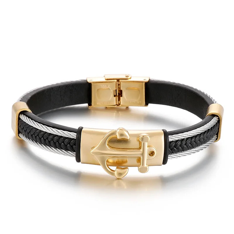 VIKING Mens Punk Stainless Steel & Cowhide Leather Anchor Bracelet