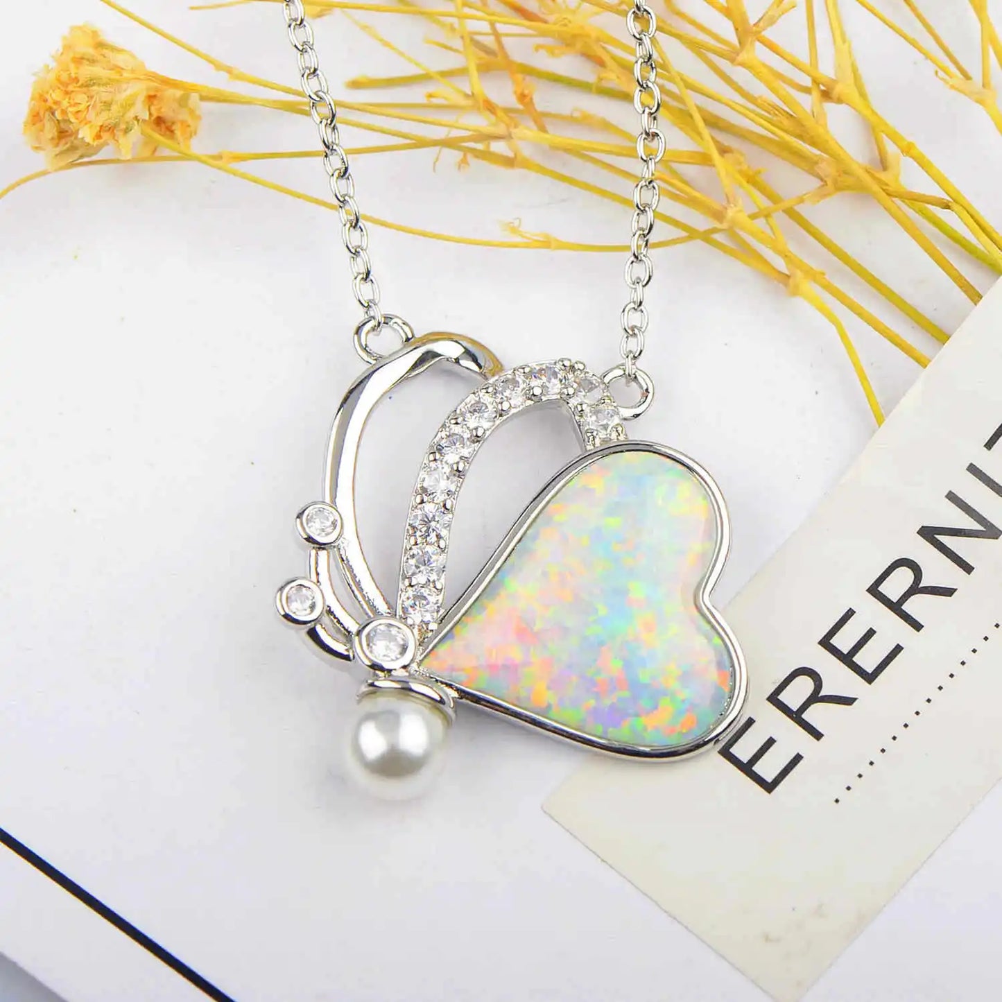 TikTok Viral Trendy Copper Opal Butterfly Necklace-Boho Silver Plated Pendant Link Chain Forest Aesthetic Jewelry Wholesale