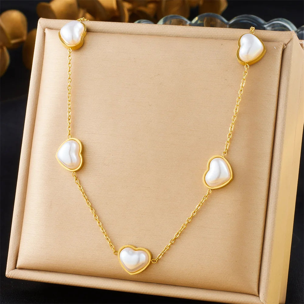 Gold Pearl Heart Necklace, Earrings & Bracelet Jewellery Set | Elegant Fashion Set