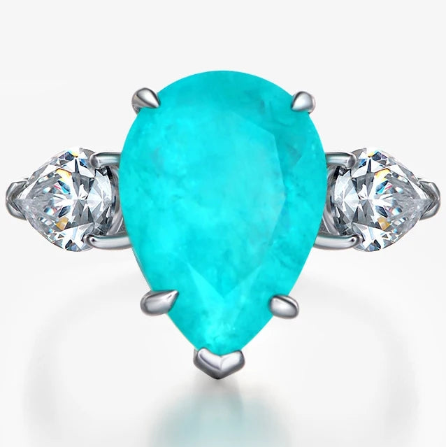 MUSHAN 925 Sterling Silver Luxury Pave Setting CMA Certified Waterdrop Zircon Wedding Party Rings Synthetic Paraiba 6ct Blue