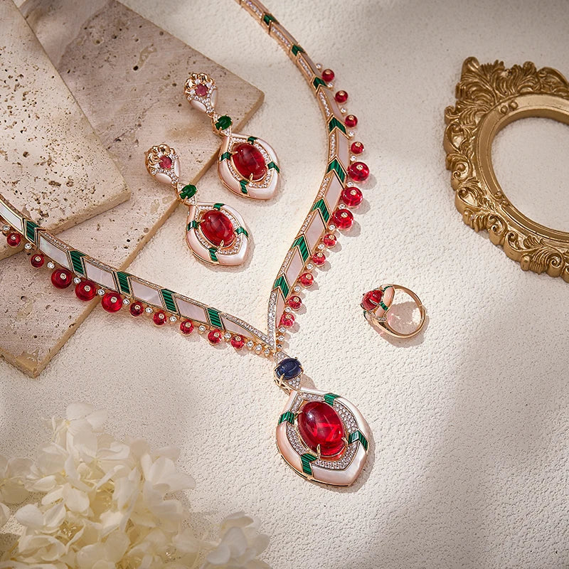 High End Women's Brass Jewelry Sets Inset Malachite Necklace White Zirconia Pearl Earrings Ring Suitable Gifts Parties Weddings