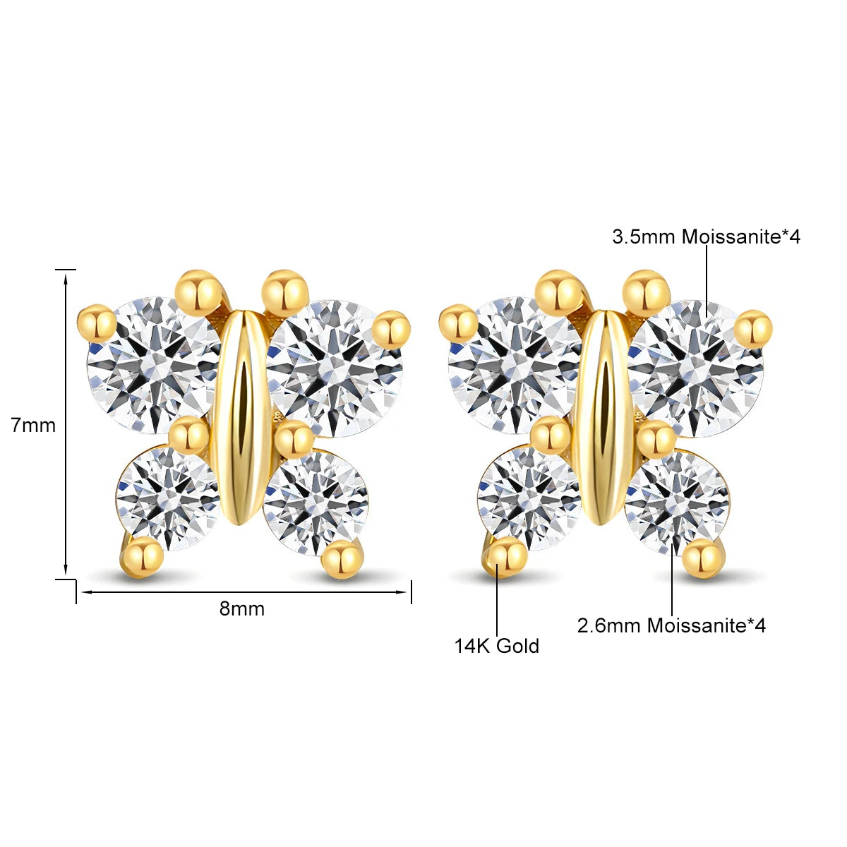 Gioiellieri Designer Style Fine Jewellery Factory Woman Luxury Gift Moissanite Hollow 14K Gold Butterfly Stud Earrings