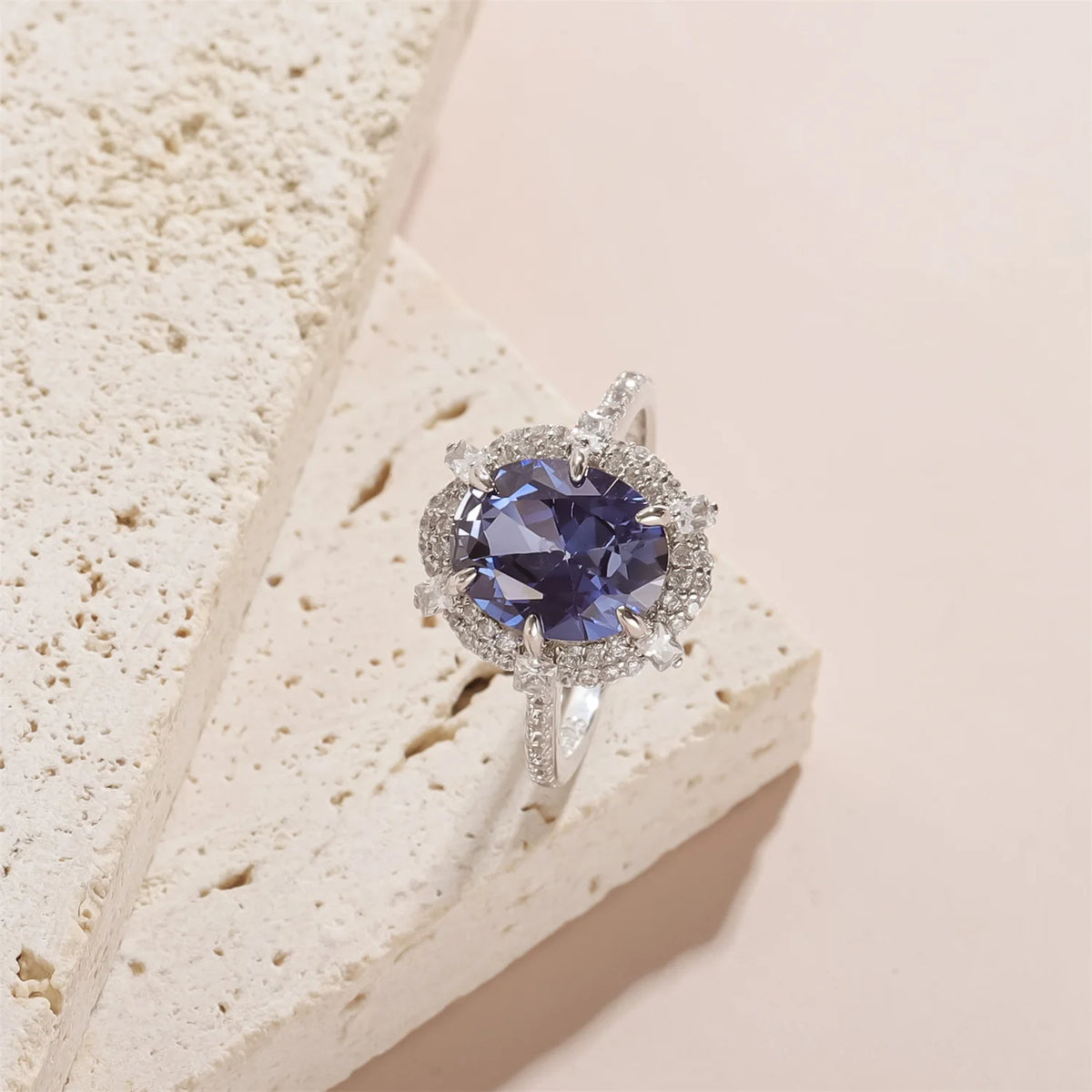 Gemfiori Luxury Halo Design Big Stone 8x10 Oval Cut Lab Grown Sapphire 925 Silver Rhodium Plated Women Ring with Half Pave Shank