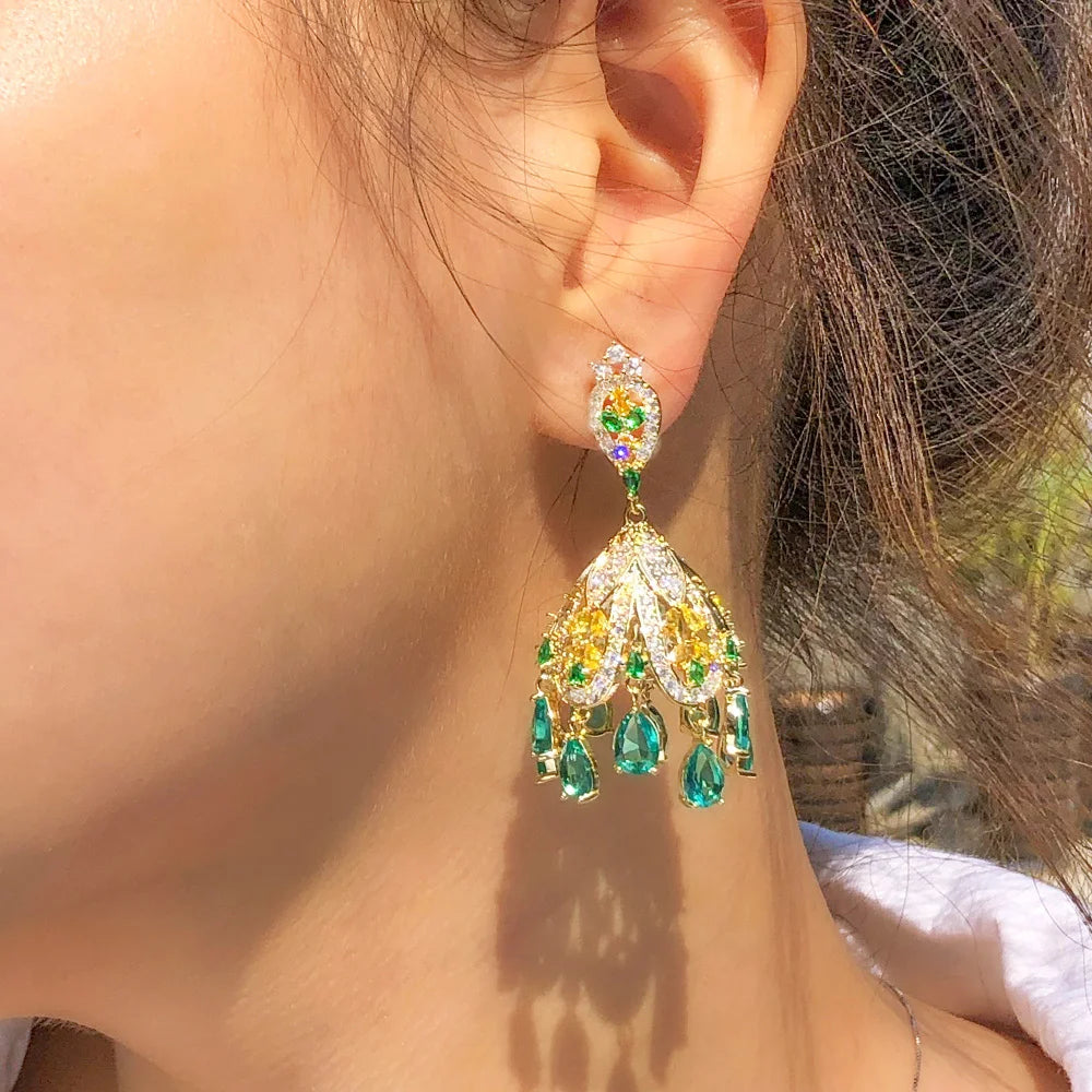 Indian Gold Plated Jhumka Jewelry Big Traditional Pave Green CZ Cubic Zirconia Drop Tassel Earrings for Women Evening Party Wear