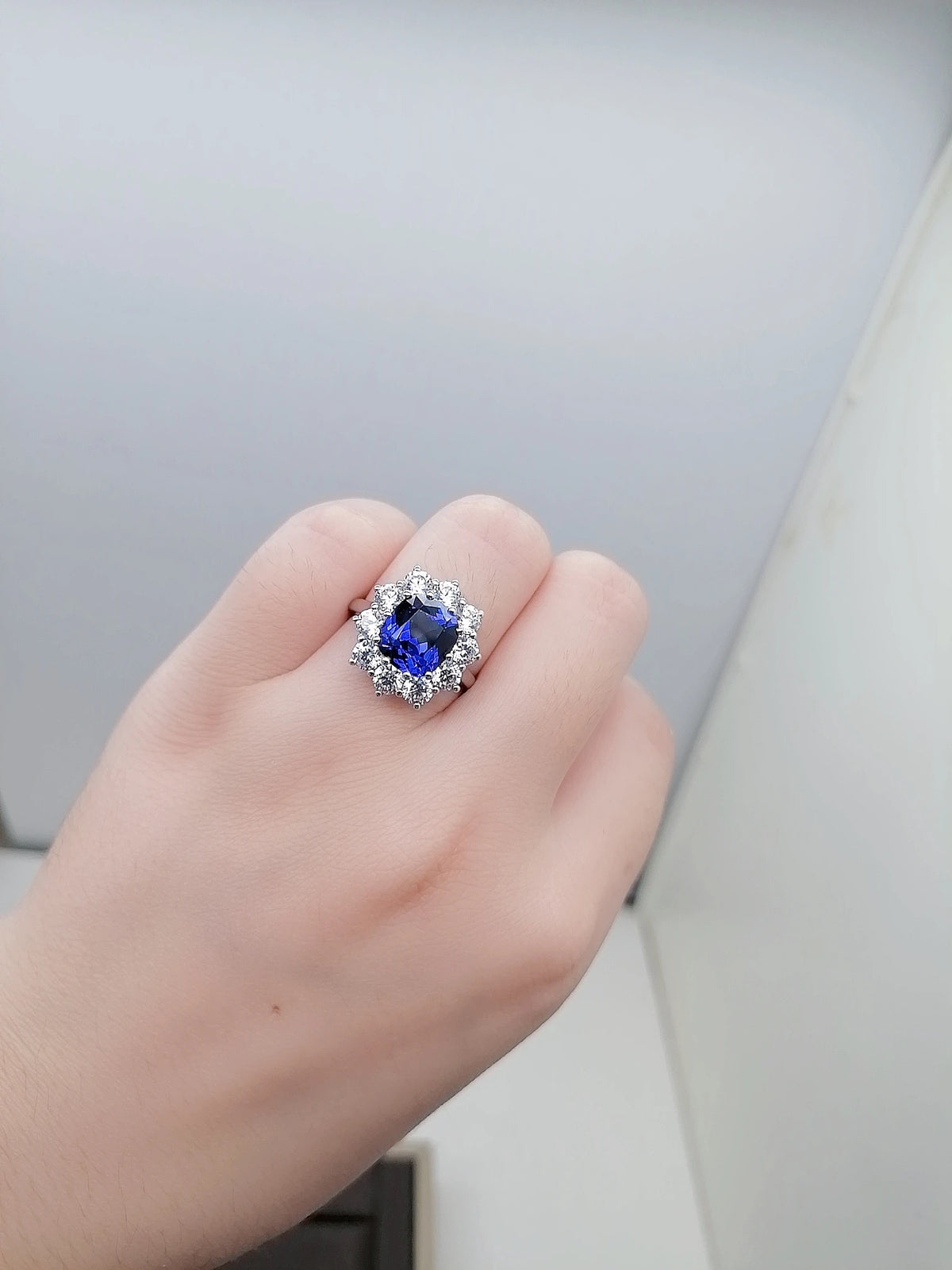 Gemfiori Custom Lab Grown Sapphire Engagement Rings Rhodium Plated Sterling Silver 925 Wedding & Party Vintage Style