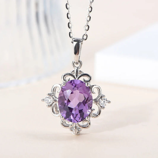 Gioiellieri Handmade 925 Sterling Silver Natural Amethyst Pendant Purple Crystal Healing Stone Necklace Trendy Jewelry for Party or Gift