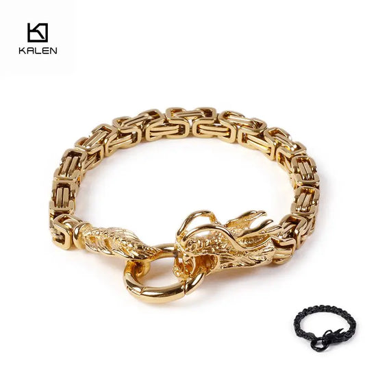 KALEN Stainless Steel Gold/Black Dragon Charm Bracelets for Men