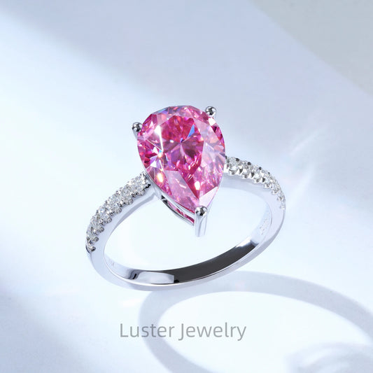 Gemfiori Luster Gorgeous Engagement 925 Sterling Silver 4.0ct Teardrop Shape Moissanite 10K/14K/18K Pink Pear Cut Moissanite Gold Ring