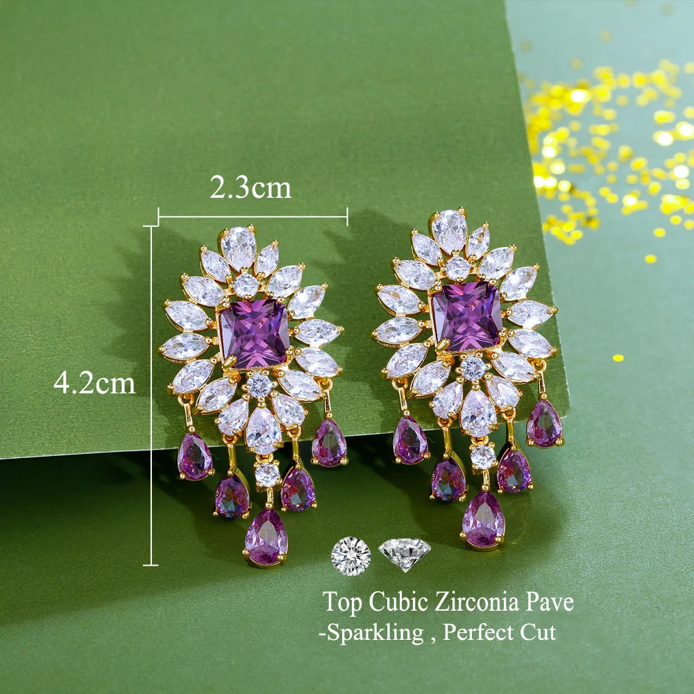 S&S Purple & White CZ Tassel Dangle Drop Earrings | Gold | Bridal Party | NewLife