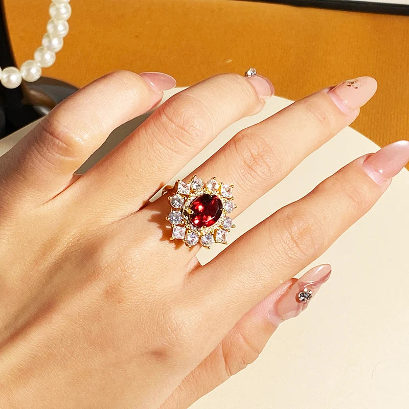 Gioiellieri High-End Elegant Open Ring for Women Classic Style Oval Cut Natural Garnet 925 Silver Gold Plated Gemstone Rings Prong Setting