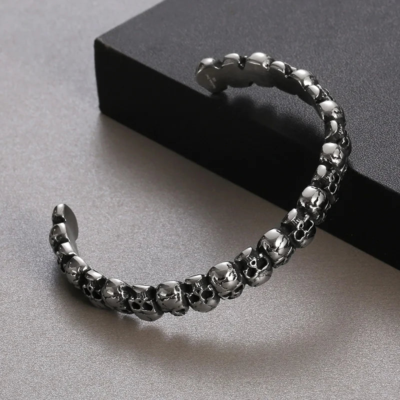 KALEN Men Fashion Stainless Steel Punk Skulls Cuff Open Bangle Bracelet