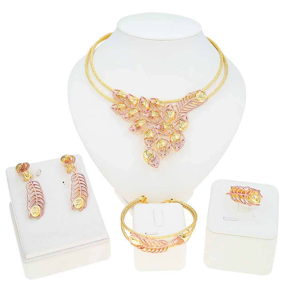Zhuerrui New Arrival Leaf Design Gold Plated Jewelry Set Women Bride Prom Fashion Necklace Earrings Bracelet Set  X007730