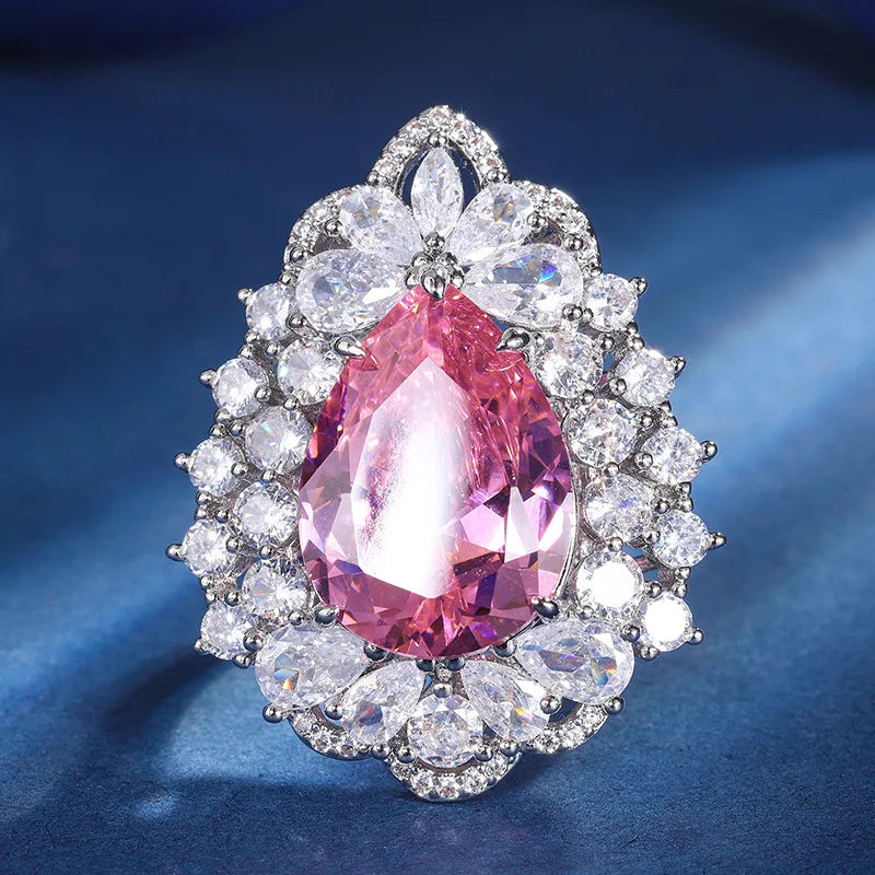 Gemfiori Luxury Pear Cut Gemstone Pendant Necklaces with Matching Ring Double Halo Design Elegant Statement Accessory for Wedding Jewelry