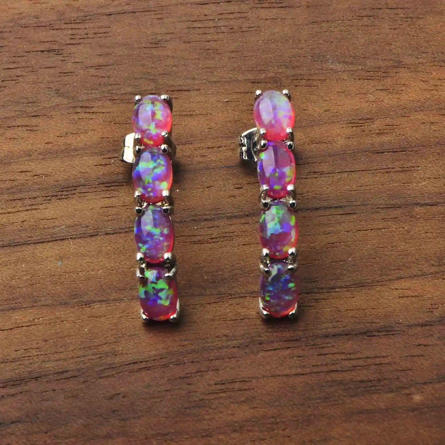 Luminous Pink Fire Opal Pendant Earrings-Trendy Silver Plated Brass Iridescent Gemstone Baguette Drops | Chic Feminine Gift