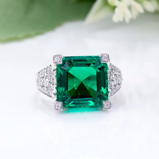 MSR-1274 Customized Jewelry 18K White Gold Colombia Emerald Asscher Cut Lab Grown Emerald Lab Grown Diamond Ring