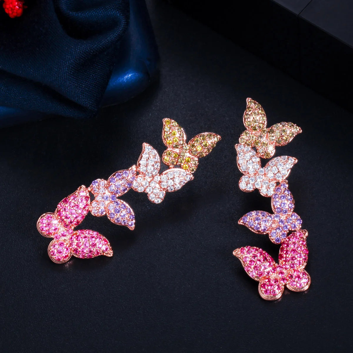 S&S Colourful Butterfly Micro Pavé CZ Dangle Drop Earrings – Rose Gold – 925 Silver Pin – Collection