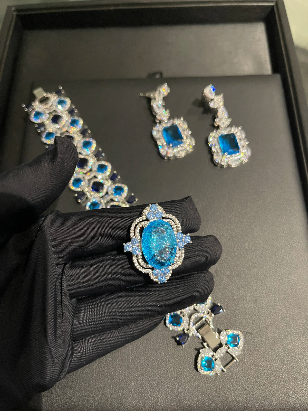 XOTICA TIANSHE Luxury Blue Gemstone Jewelry Long Drop Earrings Bracelet Ring 3Pcs Set Wedding Banquet for Women