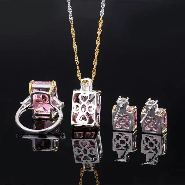 S&S Papalacha Pink CZ 925 Silver Jewellery Set | Rectangle Cut Necklace, Earrings & Ring | S&S Collection