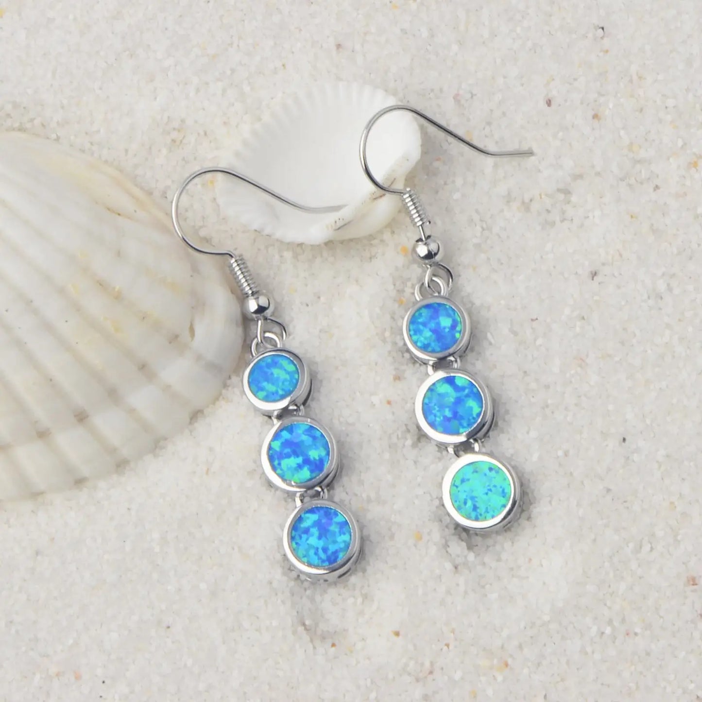 Dainty Layered Blue Opal Earrings - Handcrafted Silver Plated Long Circle Dangle Jewelry Bulk