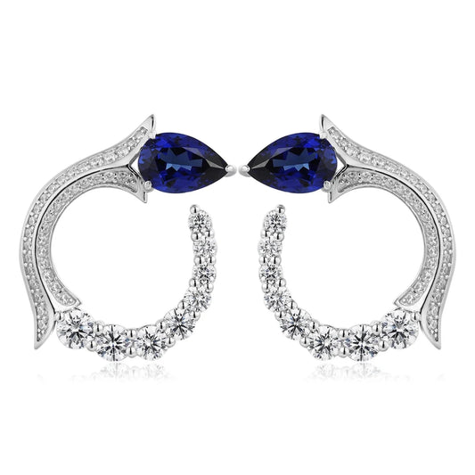 Gemfiori Silver Hoop Earrings Woman Earrings Pear Lab Grown Sapphire Emerald Paraiba Gemstones Set of Earrings for Her Engagement Jewelry