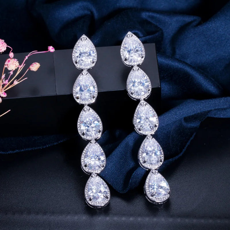 S&S White CZ Teardrop Extra-Long Dangle Earrings – Pear Cut – Rhodium Silver Plated – Collection