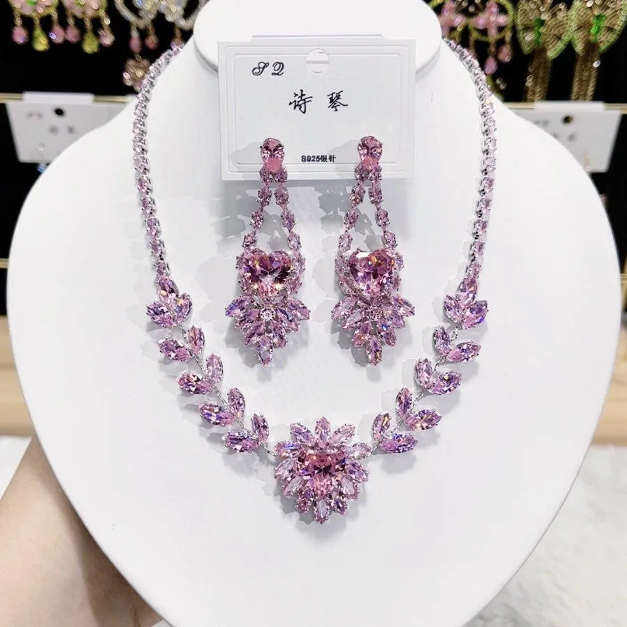K085 High End Women Exquisite Luxurious Pink Heart Zircon Bridal Necklace Earrings Set Wedding Elegant Jewelry Set
