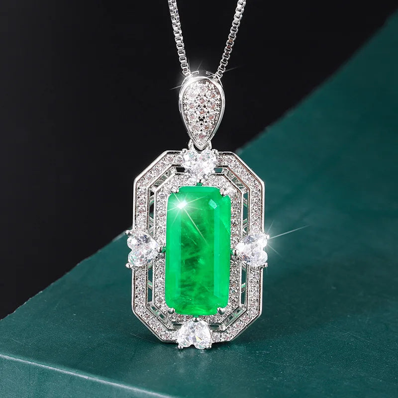 High Quality Eco-friendly Copper 8*16MM Emerald Green Cubic Zirconia 3 Piece Wedding Bridal Ring Necklace Set for Party