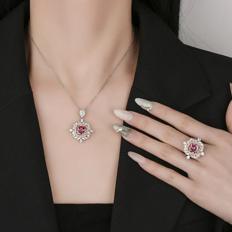Gemfiori French Square Crystal Zircon Necklace Ring Jewelry Set Banquet Colorful Crystal Necklace Pendant
