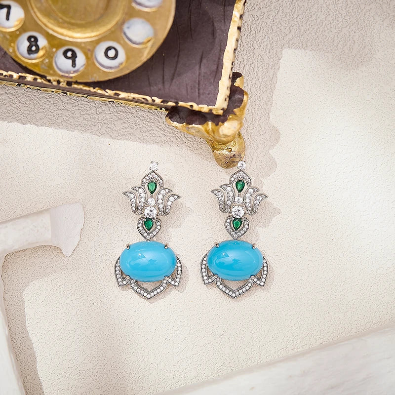Turquoise Blue Retro Hollow Iris Flower Shaped Sexy Women's Brass Zirconia Necklace Earrings 2-piece Set Dubai Wedding Jewelry