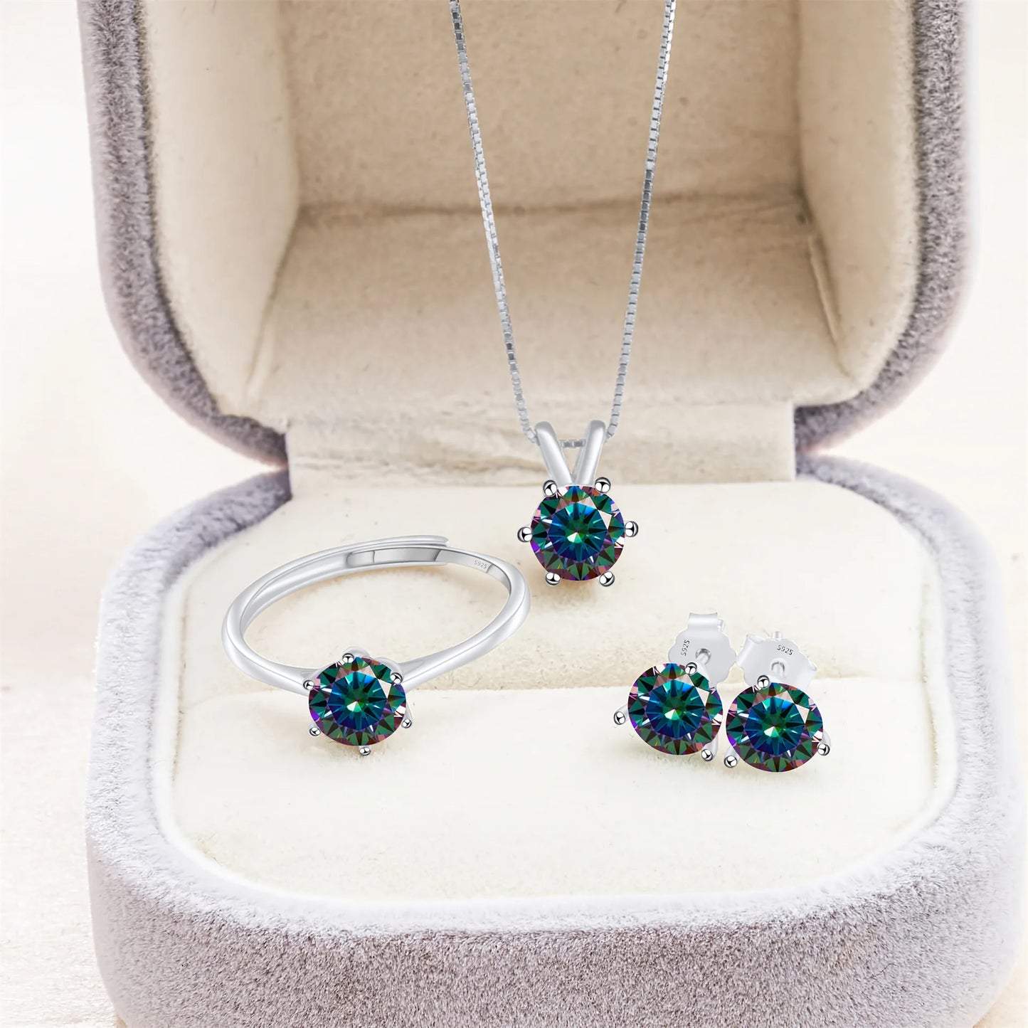 Simple D Color VVS1 GRA 1CT Round Cut Colored Moissanite Jewelry 925 Silver Wedding Ladies Necklace Earrings Ring 3 Piece Sets