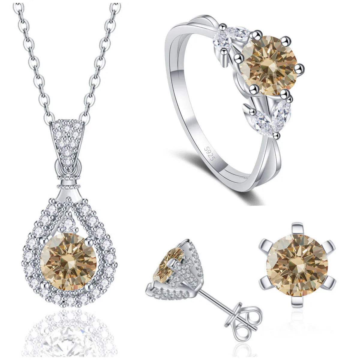REDheart Fine 925 Sterling Silver Women's Wedding Bridal Jewellery Set Round Cut VVS Colored Moissanite Rings Necklace and Earrings Set