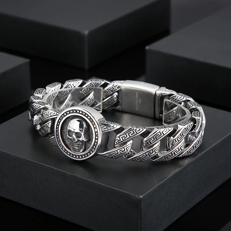 VIKING Mens Punk Skull Pattern Link Bracelet – Silver Stainless Steel
