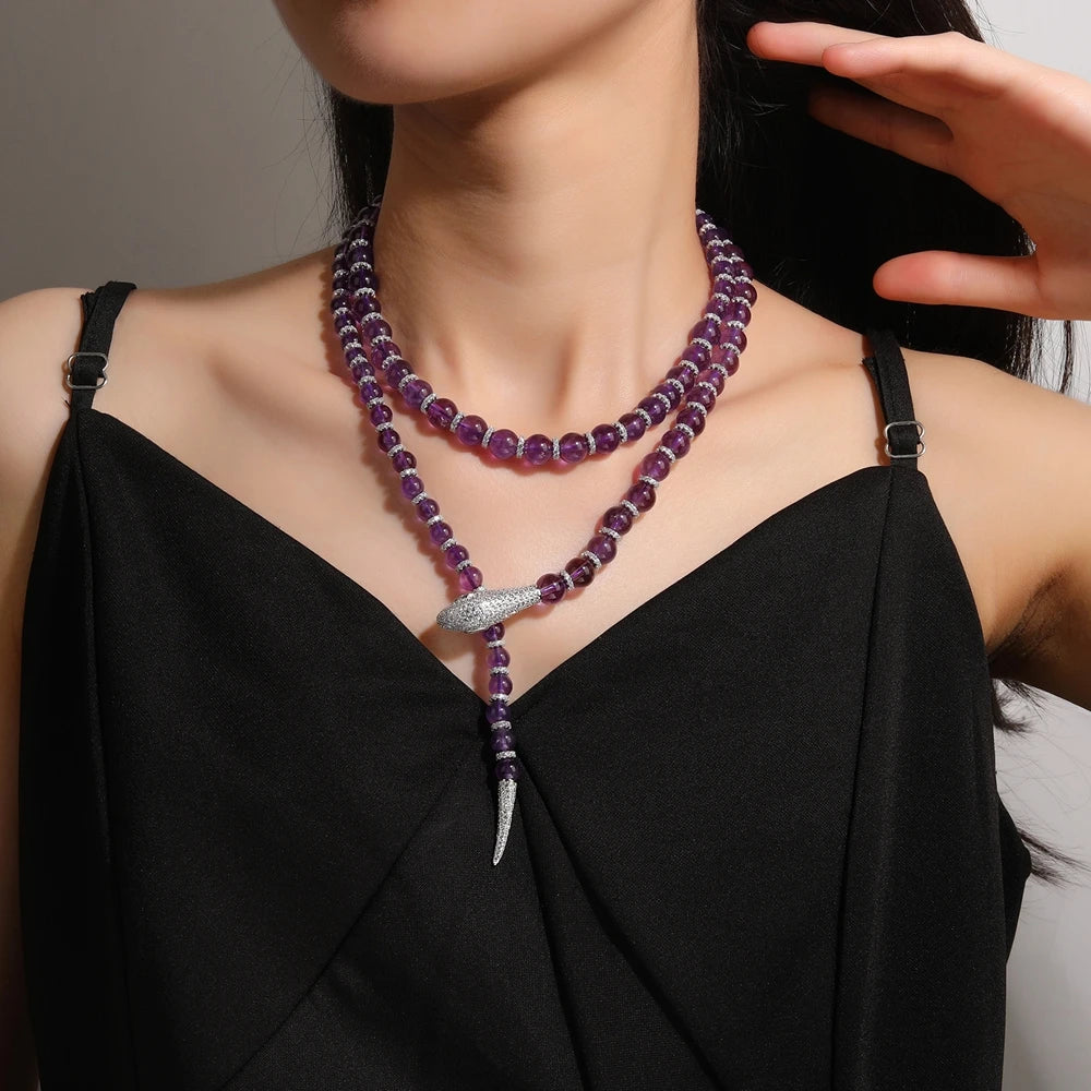 MUSHAN Women Luxury Engagement & Wedding Snake Natural Amethyst S925 Silver Gold Plated High Carbon Diamond Pendant 8+6mm