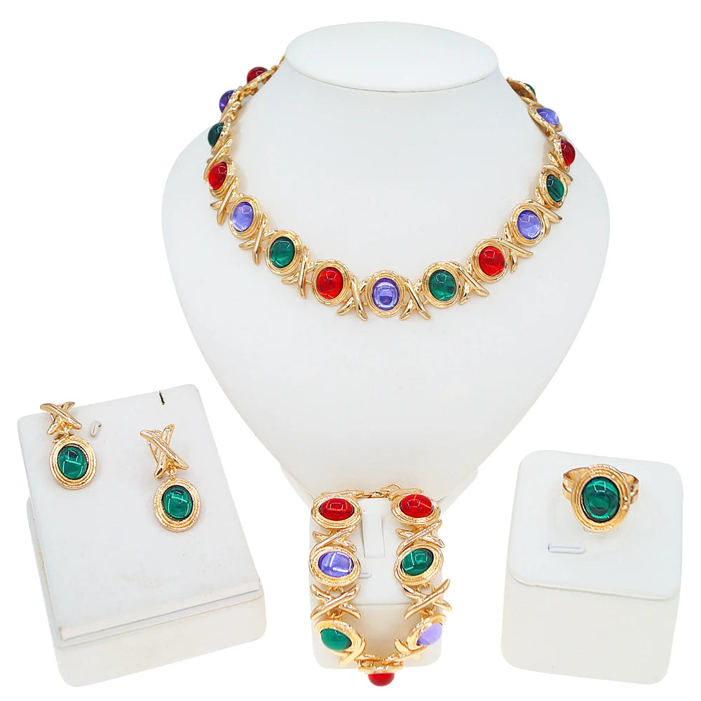 Zhuerrui Luxurious and Charming Gold-plated Jewelry Set, High-end and Dazzling Gemstone Jewelry for African Brides