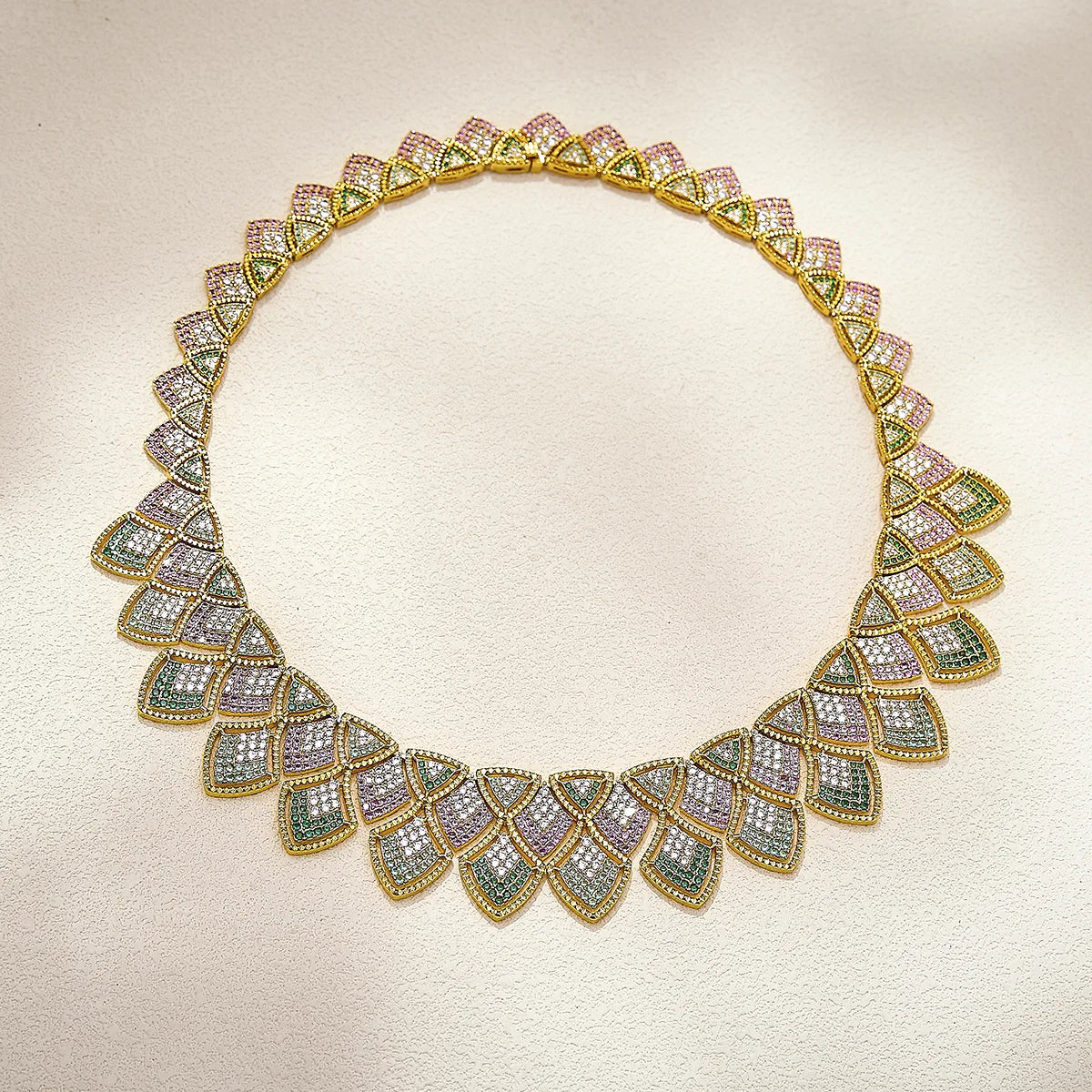 New Gradient Colorful Zirconia Paved Hollow Dragon Scale Design Chocker Gold Plated Luxury Earring Necklace Wedding Jewelry Set