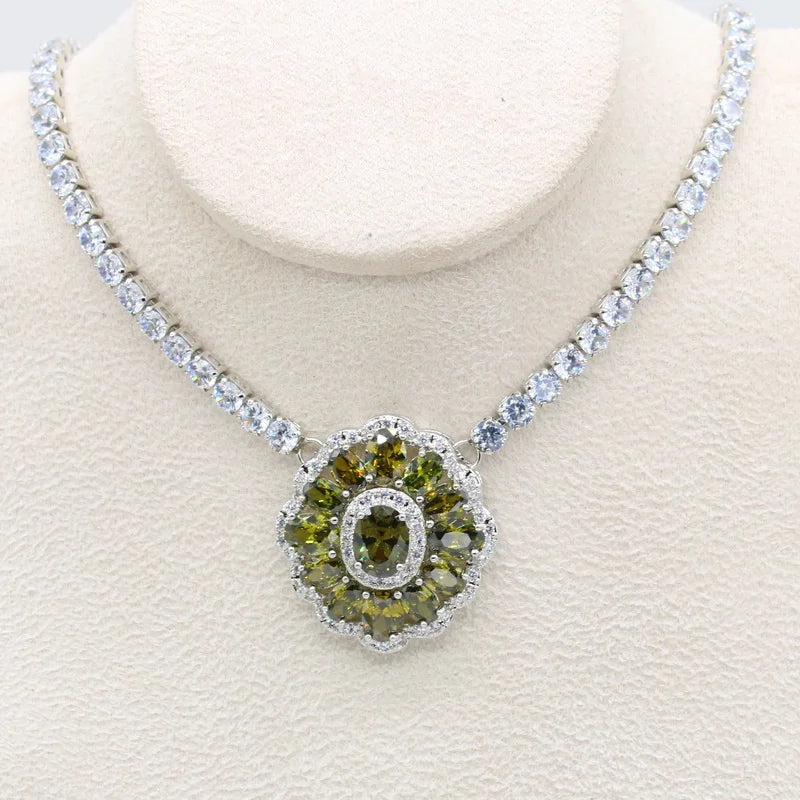 XOTICA 925 Silver Stamp Green Peridot Necklace Earring Set Luxury Wedding Party Jewelry for Women Gift Engagement Anniversary Zircon