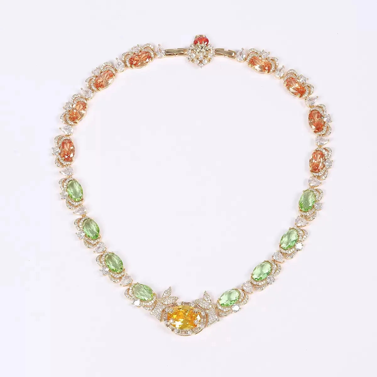 Bella Viva Multi Color Oval Cubic Zirconia Necklace and Earring Sets, 18K Gold Plated Brass, Luxury Wedding Bridal Jewelry