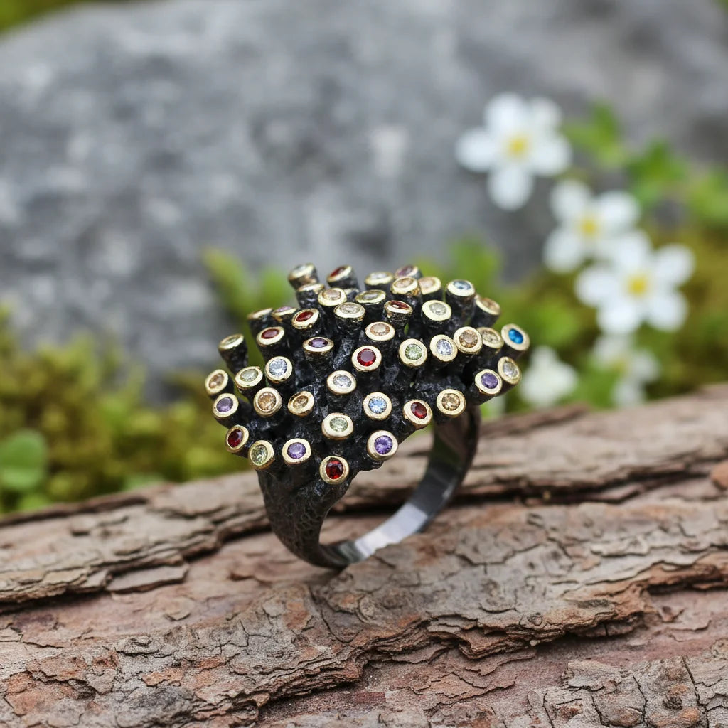 Handmade Coral 925 Sterling Silver Gemstone Coral Black Ring/Gemstone Sterling Silver Rings Yellow