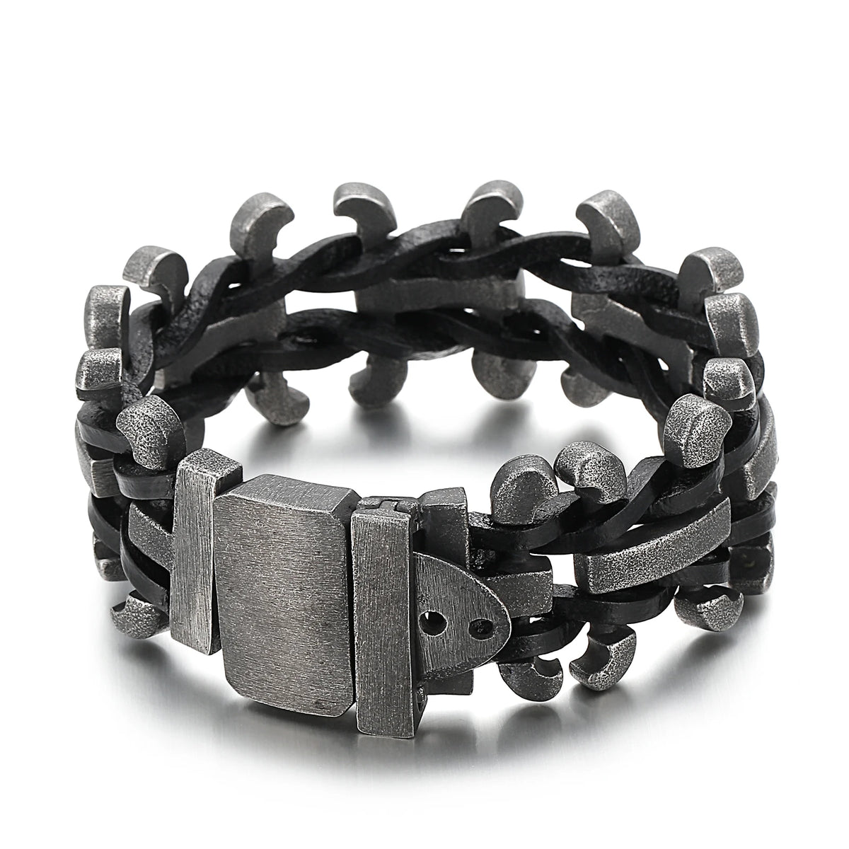 VIKING Mens Retro Leather Rope Motorcycle Bracelet – Vintage Black Stainless Steel
