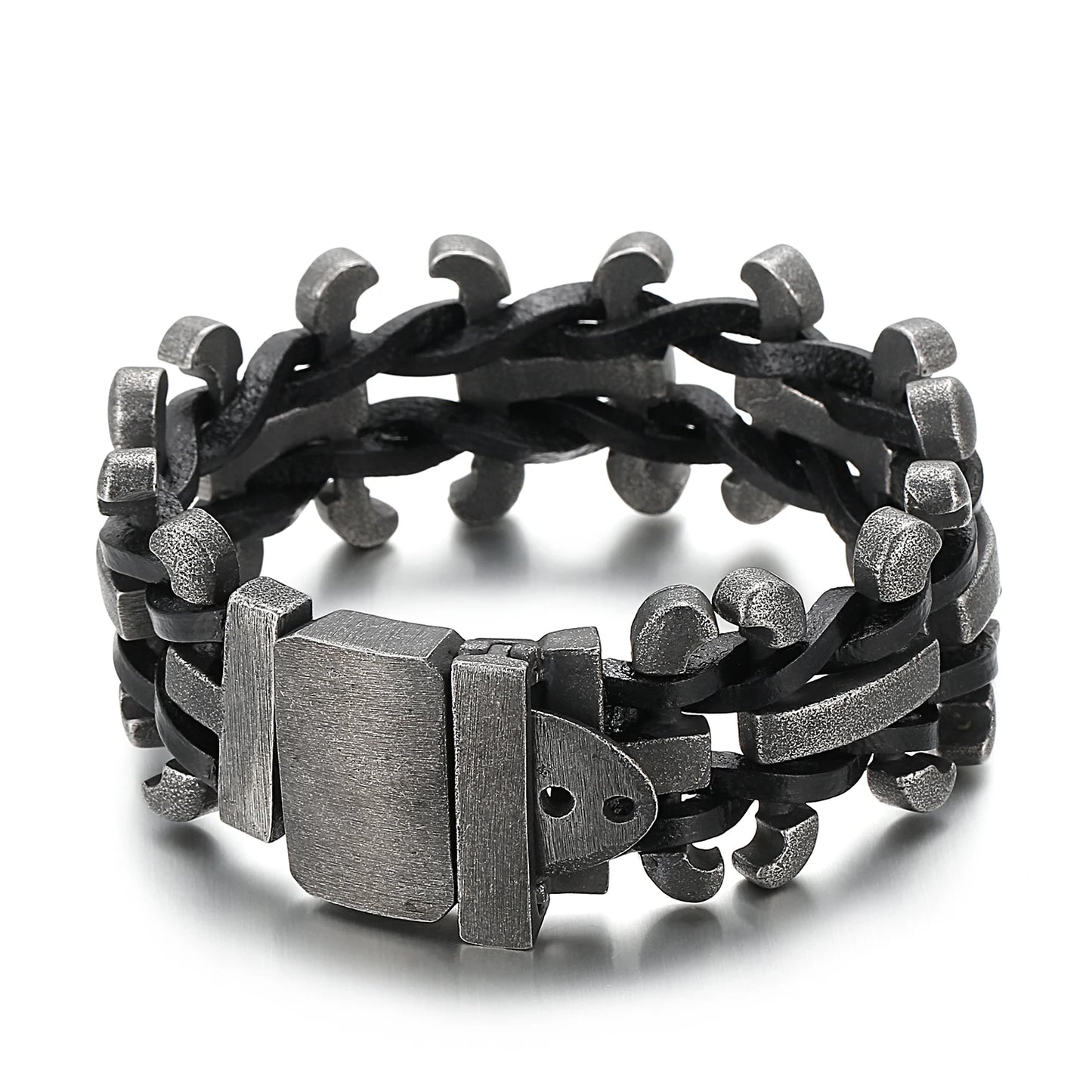 KALEN Personality Retro Leather Rope Stainless Steel Men's Motorcycle Bracelet