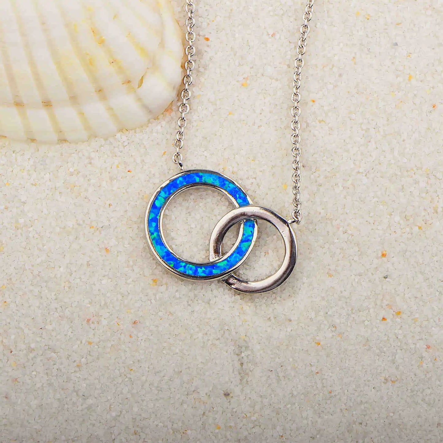 Aobao New Style Fashion Jewelry: Blue Opal Double-loop Necklace, Circular Pendant Sweater Chain, Opal
