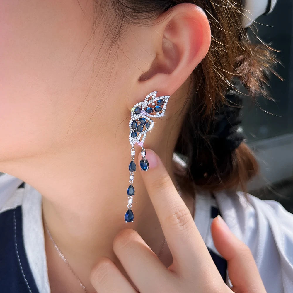 Pretty Royal Blue CZ Zirconia Symmetrical Wing Butterfly Shape Wedding Dangle Drop Earrings for Women Special Occasions Jewelry