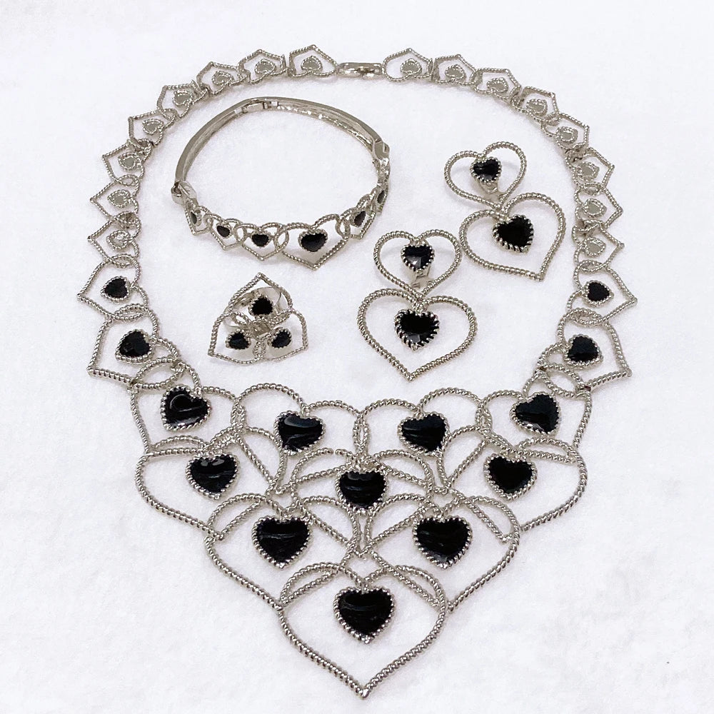 Zhuerrui Romantic Heart Design Jewelry Set Black Stone Crystal Inlaid White Gold Necklace Set for Wedding Banquet I005520-2